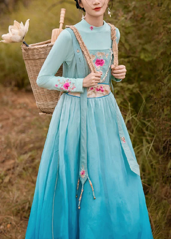 Vogue Blue Slash Neck Embroideried Floral Gradient Color Button Silk Maxi Dress Sleeveless Classic Strapless Maxi Dress Vogue Blue Slash Neck Embroideried Floral Gradient Color Button Silk Maxi Dress Sleeveless Classic Strapless Maxi Dress