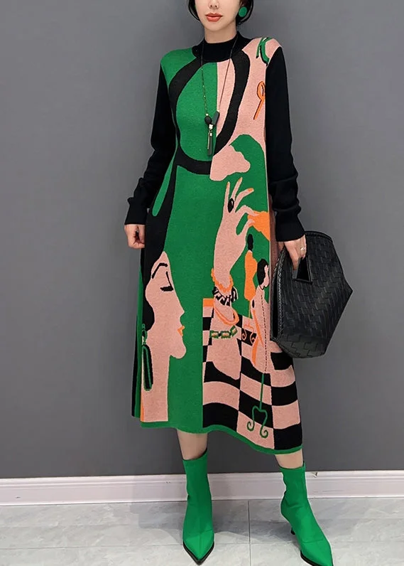 Vogue Green O-Neck Print Knit Maxi Dress Fall Stylish Longline Maxi Dress