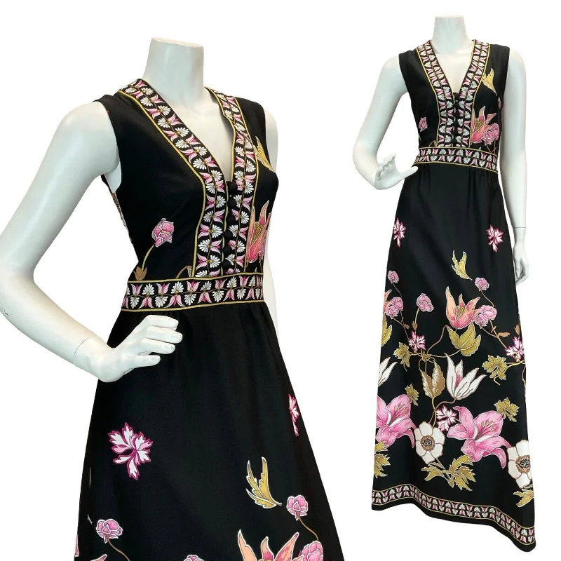 VTG 1970S BLACK PINK WHITE FLORAL WEDDING FORMAL MAXI DRESS 10 12 Comfortable Fit-and-Flare Maxi Dress VTG 1970S BLACK PINK WHITE FLORAL WEDDING FORMAL MAXI DRESS 10 12 Comfortable Fit-and-Flare Maxi Dress