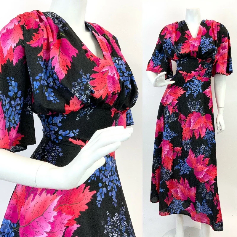 VTG 60s 70s BLACK BLUE PINK ORANGE DITSY FLOWER LEAFY BELL SLEEVE MAXI DRESS 16 Cozy Maxi Dress with Slit
