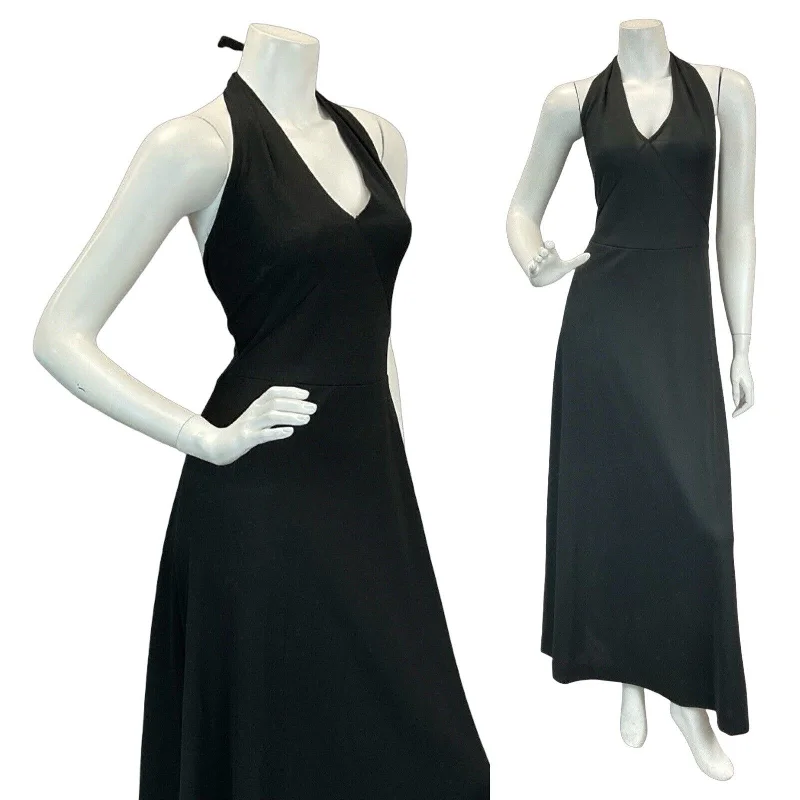 VTG 60S 70S BLACK HALTERNECK DISCO BOHO MAXI DRESS 10 12 Fashionable Layered Maxi Dress VTG 60S 70S BLACK HALTERNECK DISCO BOHO MAXI DRESS 10 12 Fashionable Layered Maxi Dress