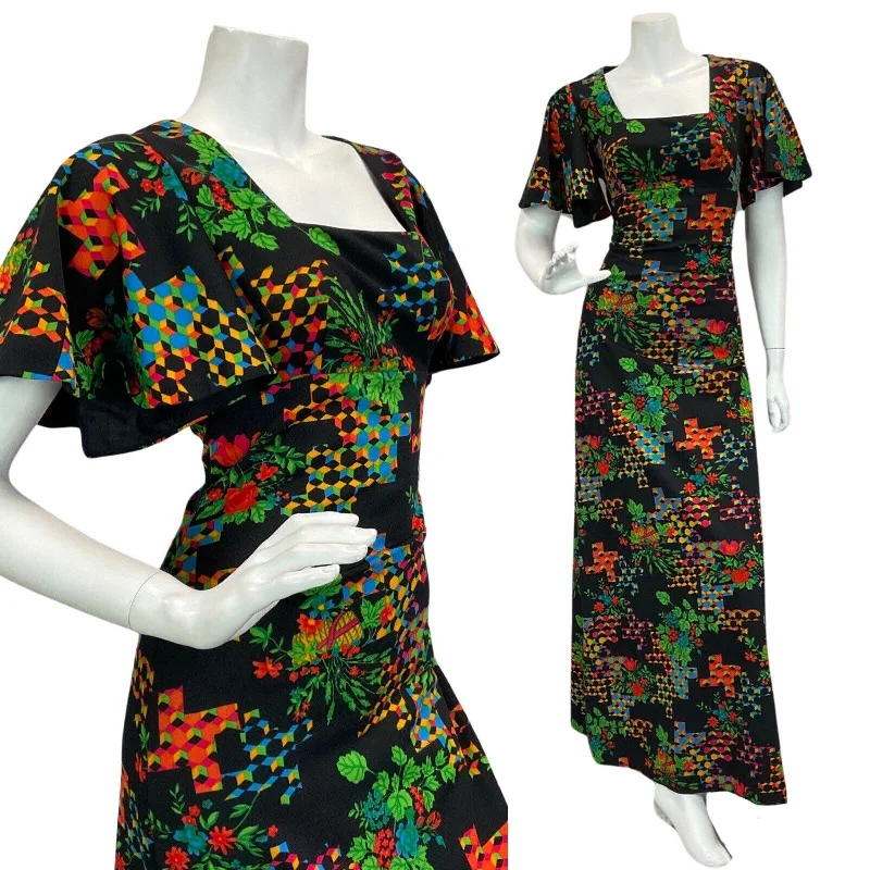 VTG 60s 70s BLACK RED GREEN BLUE FLORAL PSYCHEDELIC ANGEL SLEEVE MAXI DRESS 10 Elegant Lace Maxi Dress