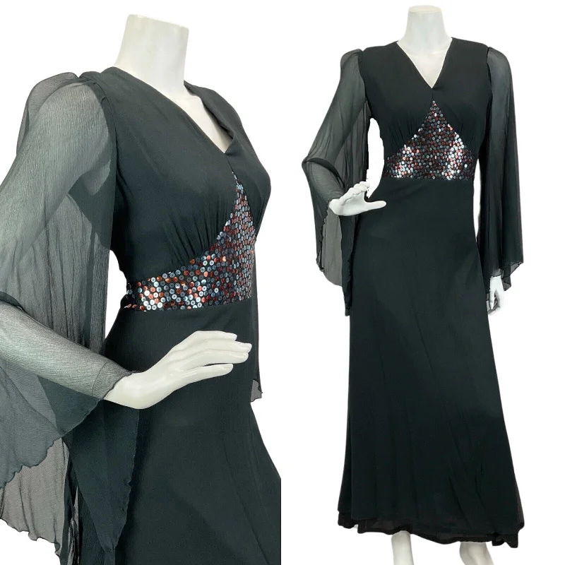 VTG 60s 70s BLACK SEQUIN FLOATY ANGEL SLEEVE PARTY BOHO FOLK MAXI DRESS 10 12 Stylish Maxi Dress with Pleats VTG 60s 70s BLACK SEQUIN FLOATY ANGEL SLEEVE PARTY BOHO FOLK MAXI DRESS 10 12 Stylish Maxi Dress with Pleats