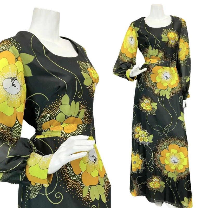 VTG 60s 70s BLACK YELLOW ORANGE FLORAL PRINT PSYCHEDELIC MAXI DRESS 10 12 Comfortable Long-Sleeve Maxi Dress