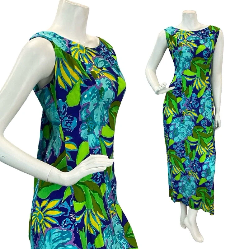 VTG 60s 70S BLUE GREEN HAWAIIAN TROPICAL LEAF PRINT SCOOP BACK MAXI DRESS 10 Chic Summer Floral Maxi Dress VTG 60s 70S BLUE GREEN HAWAIIAN TROPICAL LEAF PRINT SCOOP BACK MAXI DRESS 10 Chic Summer Floral Maxi Dress
