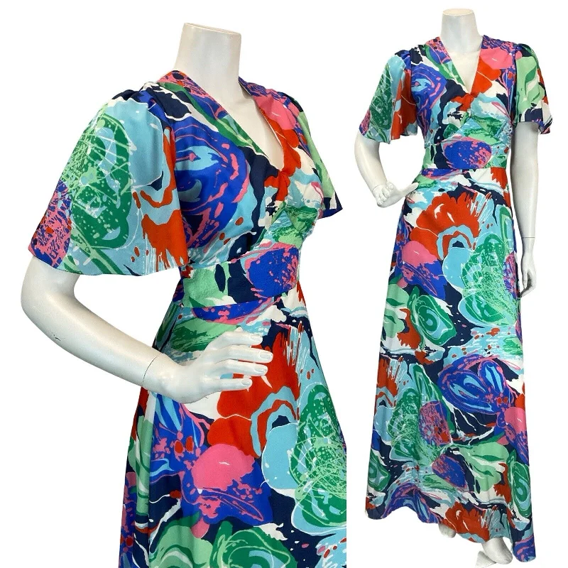VTG 60S 70S BRIGHT ABSTRACT PATTERN BUTTERFLY SLEEVE MAXI DRESS 6 8 Casual Maxi Dress with Pockets