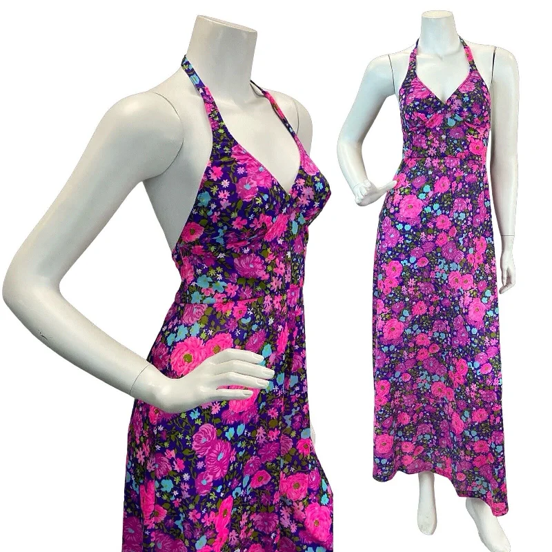 VTG 60s 70s BRIGHT PINK PURPLE BLUE FLORAL HALTERNECK MAXI DRESS 4 6 Stylish Maxi Dress with Frills VTG 60s 70s BRIGHT PINK PURPLE BLUE FLORAL HALTERNECK MAXI DRESS 4 6 Stylish Maxi Dress with Frills