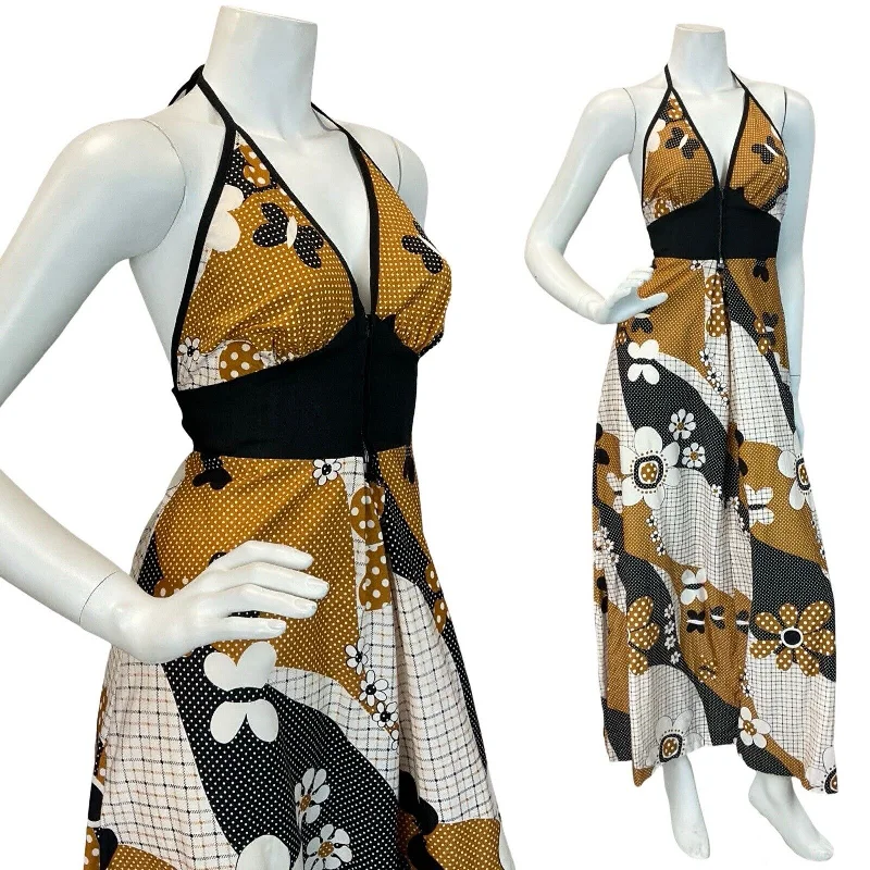 VTG 60S 70S BROWN BEIGE BLAC RETRO FLORAL PATTERN HALTERNECK MAXI DRESS 4 6 Classic Tulle Maxi Dress VTG 60S 70S BROWN BEIGE BLAC RETRO FLORAL PATTERN HALTERNECK MAXI DRESS 4 6 Classic Tulle Maxi Dress