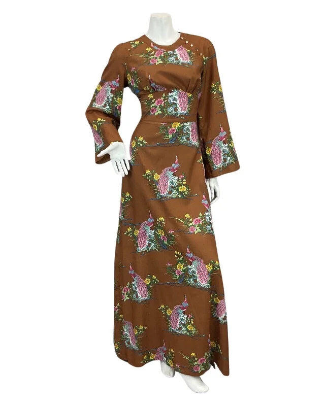 VTG 60s 70s BROWN PINK BLUE PEACOCK FLORAL PRINT BOHO FOLK MAXI DRESS 10 Stylish A-Line Maxi Dress