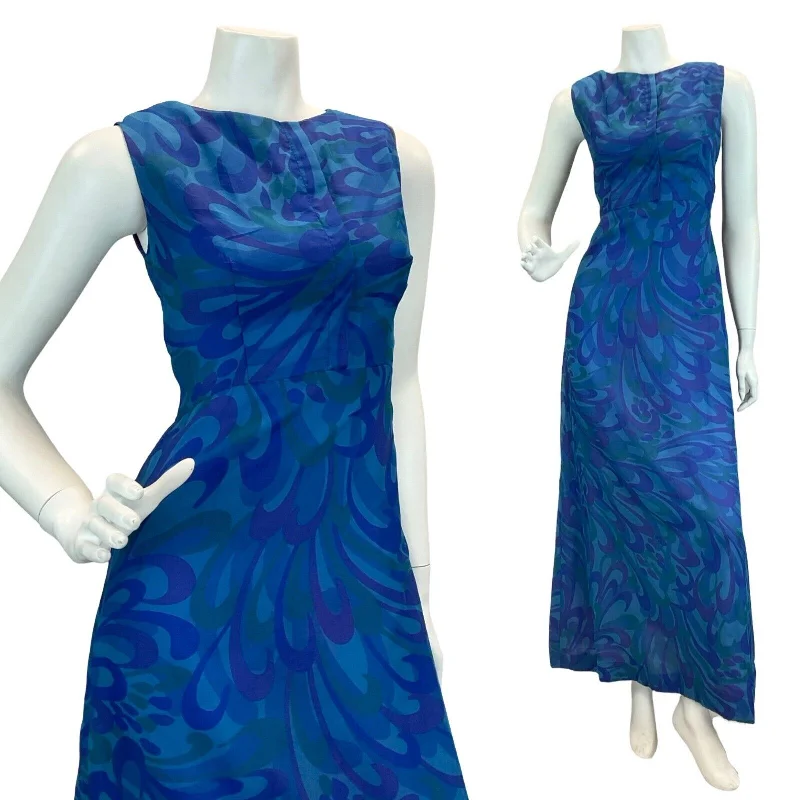 VTG 60S 70S COCKTAIL PARTY PSYCHEDELIC BLUE PURPLE GREEN MAXI DRESS 10 12 Elegant Boho Maxi Dress VTG 60S 70S COCKTAIL PARTY PSYCHEDELIC BLUE PURPLE GREEN MAXI DRESS 10 12 Elegant Boho Maxi Dress