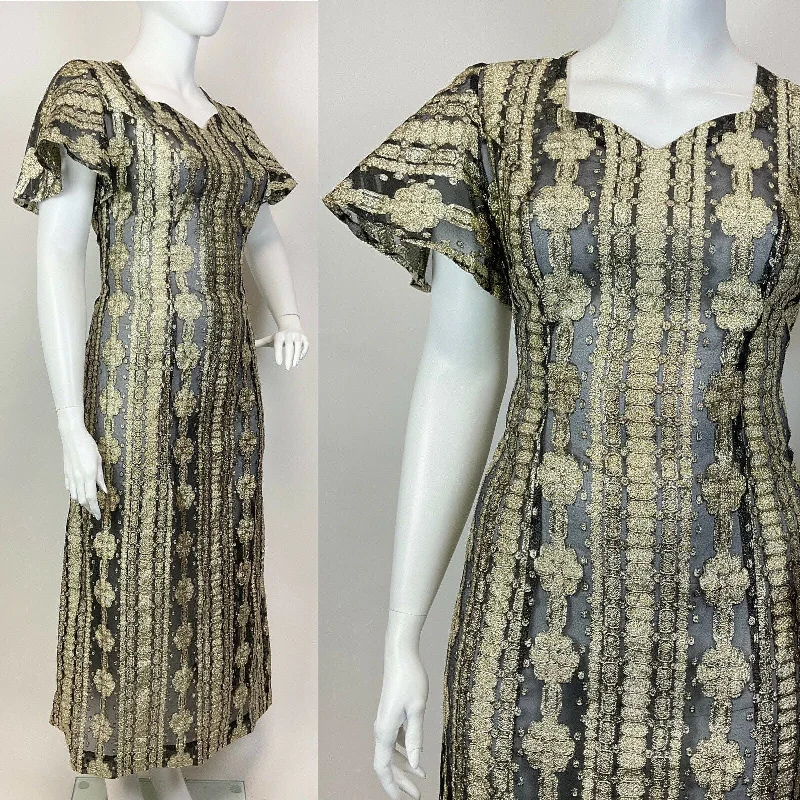 VTG 60s 70s GOLD BLACK LUREX STRIPED FLORAL BELL SLEEVE GLAM MAXI DRESS 20 22 Stylish Longline Maxi Dress VTG 60s 70s GOLD BLACK LUREX STRIPED FLORAL BELL SLEEVE GLAM MAXI DRESS 20 22 Stylish Longline Maxi Dress