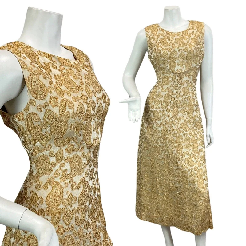 VTG 60s 70s GOLD BRONZE PAISLEY PRINT EMBROIDERED BOHO PARTY MAXI DRESS 10 12 Cozy Cold-Shoulder Maxi Dress VTG 60s 70s GOLD BRONZE PAISLEY PRINT EMBROIDERED BOHO PARTY MAXI DRESS 10 12 Cozy Cold-Shoulder Maxi Dress