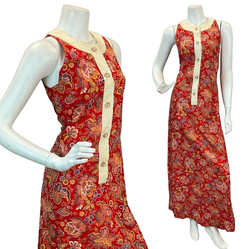 VTG 60s 70s LIBERTY HOUSE MADE IN HAWAII RED PAISLEY BOHO MAXI DRESS 6 8 Fashionable Printed Maxi Dress