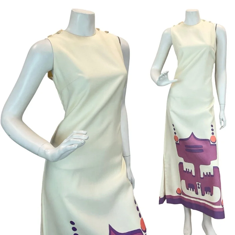 VTG 60S 70S TRIBAL AZTEC SHIFT DRESS CREAM PURPLE MAXI DRESS 10 12 Trendy Ruffled Maxi Dress VTG 60S 70S TRIBAL AZTEC SHIFT DRESS CREAM PURPLE MAXI DRESS 10 12 Trendy Ruffled Maxi Dress