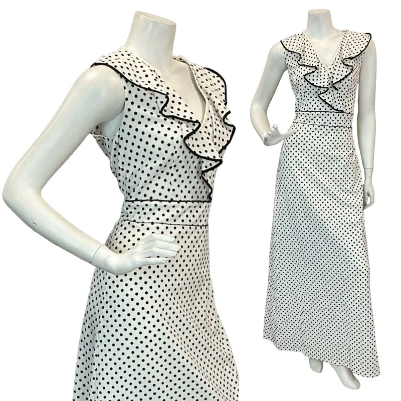 VTG 60s 70s WHITE BLACK POLKA DOT RUFFLE V-NECK MAXI DRESS 10 Elegant Wraparound Maxi Dress VTG 60s 70s WHITE BLACK POLKA DOT RUFFLE V-NECK MAXI DRESS 10 Elegant Wraparound Maxi Dress