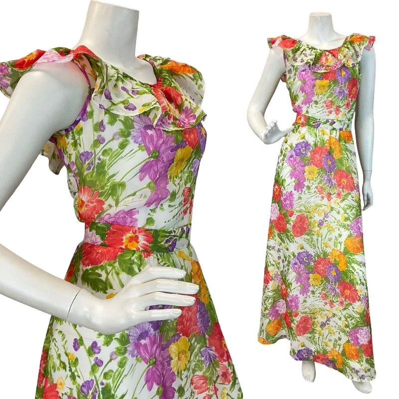 VTG 60s 70s WHITE BRIGHT MULTICOLOUR FLORAL RUFFLE NECK SUMMER MAXI DRESS 10 12 Comfortable Bohemian Maxi Dress