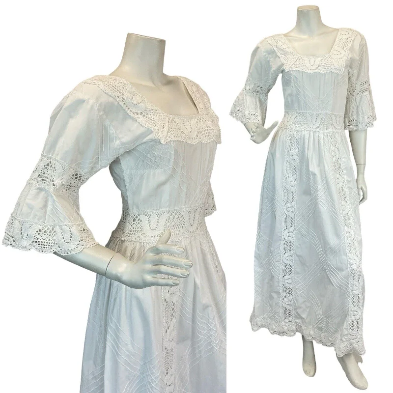 VTG 60s 70s WHITE COTTON BRODERIE LACE PRAIRIE BOHO WEDDING MAXI DRESS 6 8 Elegant Maxi Dress with Ruffles