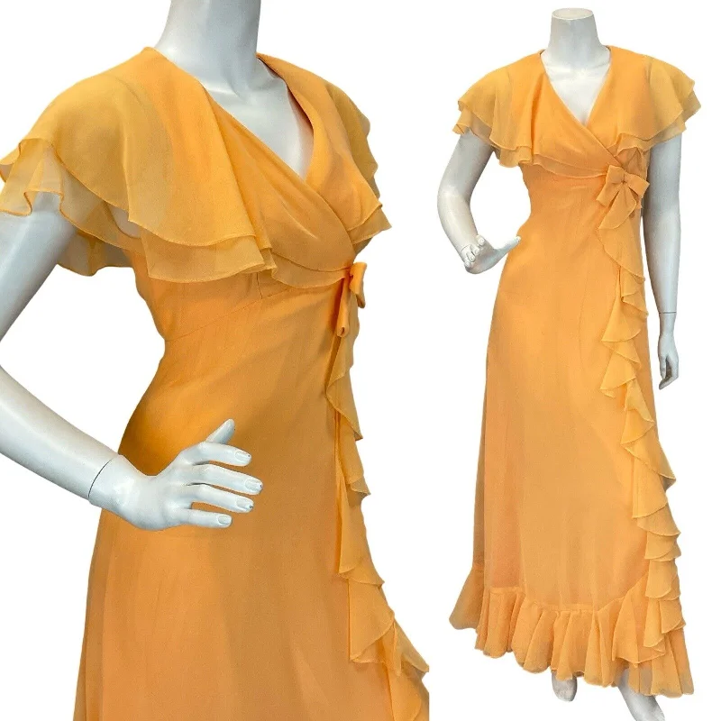 VTG 70S APRICOT CHIFFON ORANGE RUFFLE PROM PARTY CAPE MAXI DRESS 6 8 Elegant Velvet Maxi Dress VTG 70S APRICOT CHIFFON ORANGE RUFFLE PROM PARTY CAPE MAXI DRESS 6 8 Elegant Velvet Maxi Dress