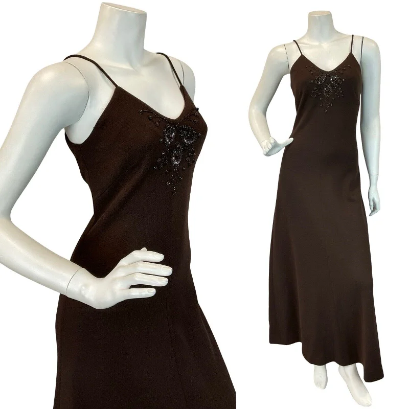 VTG 70S BEADED SEQUIN CHOCOLATE BROWN DISCO FORMAL PROM PARTY MAXI DRESS 6 8 Comfortable Fitted Maxi Dress VTG 70S BEADED SEQUIN CHOCOLATE BROWN DISCO FORMAL PROM PARTY MAXI DRESS 6 8 Comfortable Fitted Maxi Dress