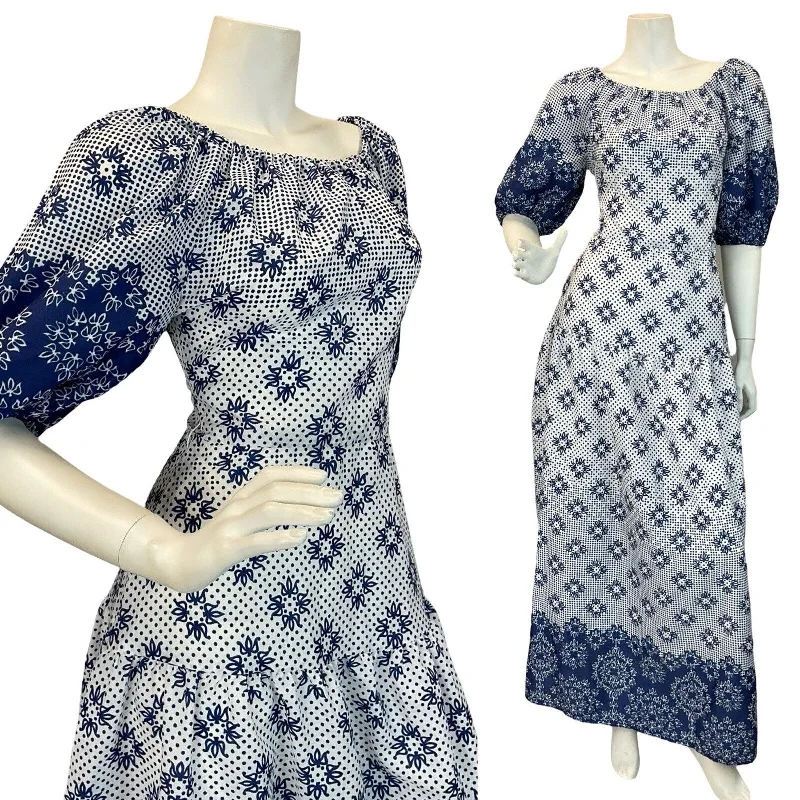 VTG 70S BLUE WHITE FLORAL PRINT SUMMER FOLK MAXI DRESS 6 8 Fashionable Asymmetrical Maxi Dress VTG 70S BLUE WHITE FLORAL PRINT SUMMER FOLK MAXI DRESS 6 8 Fashionable Asymmetrical Maxi Dress