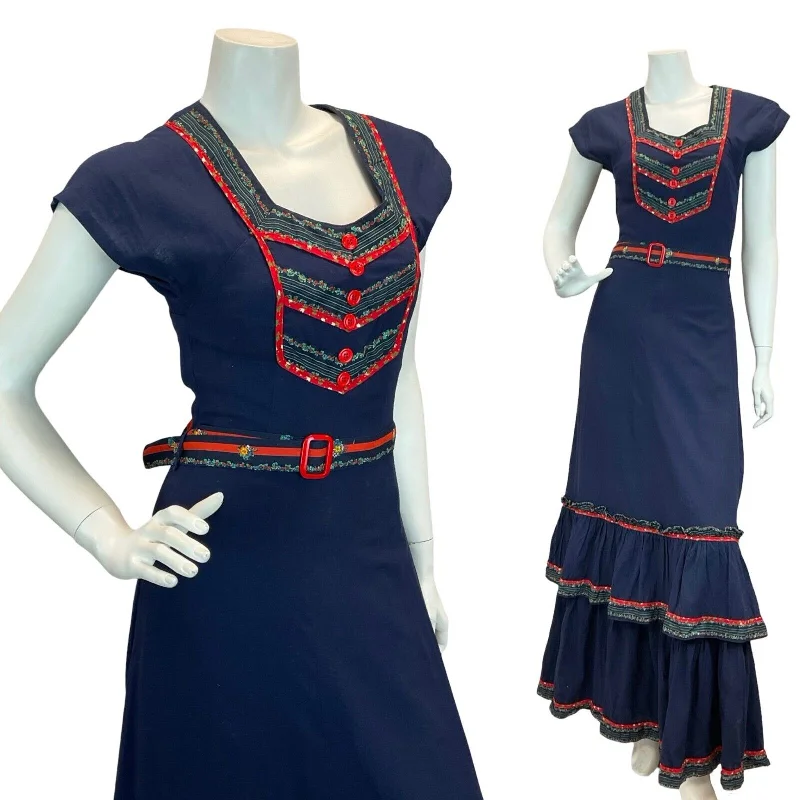 VTG 70S COTTON PRAIRIE COTTAGECORE NAVY BLUE FLORAL FOLK MAXI DRESS 6 Comfortable Maxi Dress with Slits VTG 70S COTTON PRAIRIE COTTAGECORE NAVY BLUE FLORAL FOLK MAXI DRESS 6 Comfortable Maxi Dress with Slits