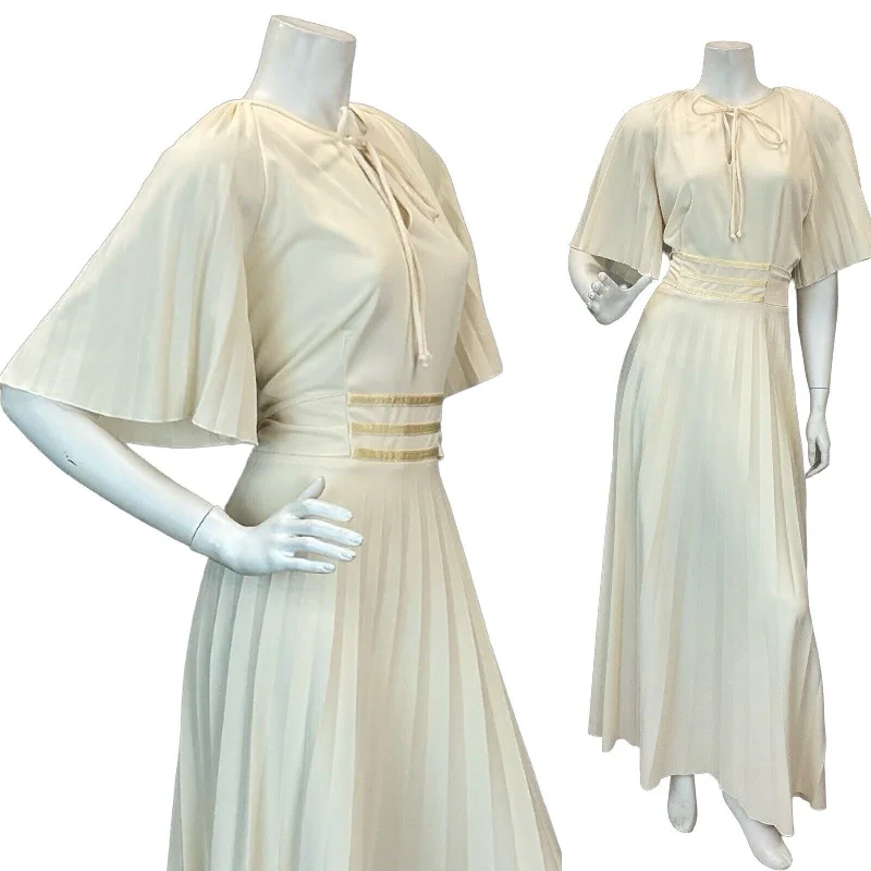 VTG 70s CREAM BOHO WEDDING BRIDAL ANGEL SLEEVE PLEATED MAXI DRESS 14 16 Trendy Maxi Dress with Belt VTG 70s CREAM BOHO WEDDING BRIDAL ANGEL SLEEVE PLEATED MAXI DRESS 14 16 Trendy Maxi Dress with Belt