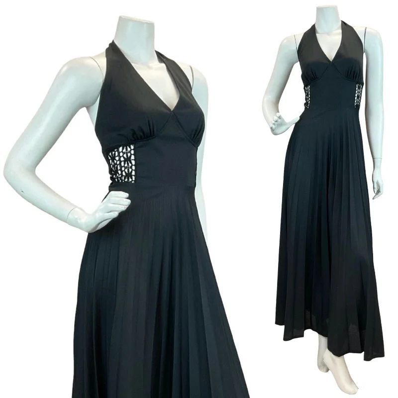 VTG 70S DISCO PARTY FESTIVAL HOLIDAY CROCHET HALTER BLACK MAXI DRESS 12 Cozy Spaghetti Strap Maxi Dress VTG 70S DISCO PARTY FESTIVAL HOLIDAY CROCHET HALTER BLACK MAXI DRESS 12 Cozy Spaghetti Strap Maxi Dress
