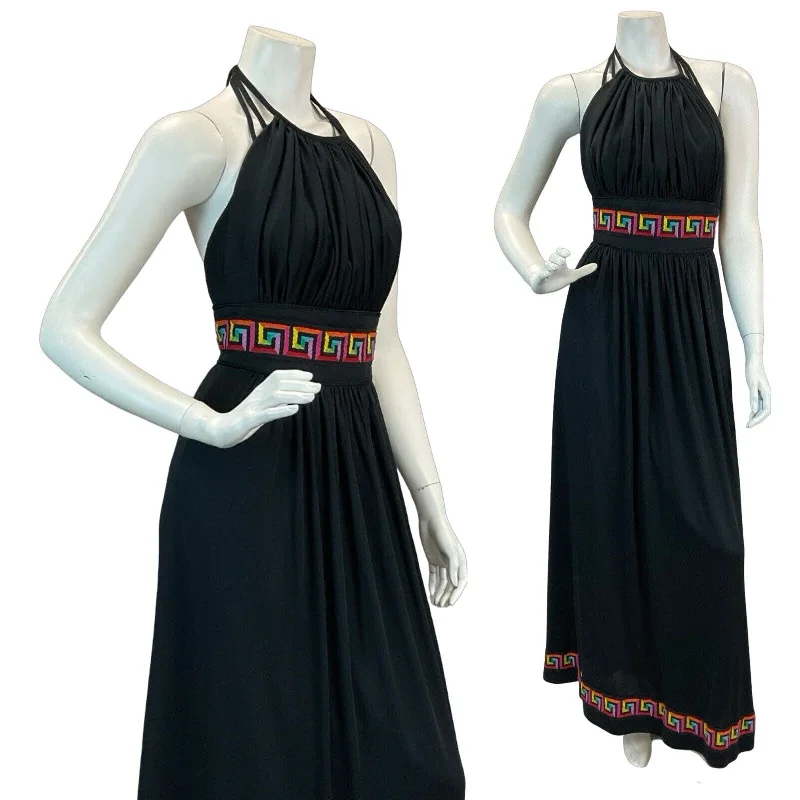 VTG 70S DISCO SUMMER BLACK MULTICOLOUR EMBROIDERED HALTERNECK MAXI DRESS 4 Cozy Longline Maxi Dress VTG 70S DISCO SUMMER BLACK MULTICOLOUR EMBROIDERED HALTERNECK MAXI DRESS 4 Cozy Longline Maxi Dress