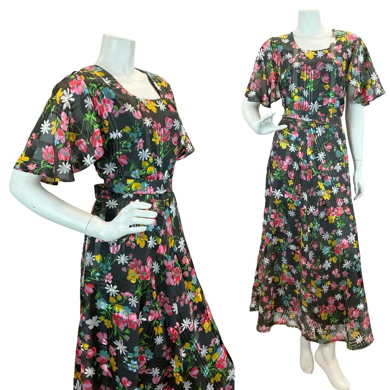 VTG 70S FLORAL DAISY BLACK PINK YELLOW BLUE FLUTTER SLEEVE BELTED MAXI DRESS 12 Trendy Short Sleeve Maxi Dress VTG 70S FLORAL DAISY BLACK PINK YELLOW BLUE FLUTTER SLEEVE BELTED MAXI DRESS 12 Trendy Short Sleeve Maxi Dress