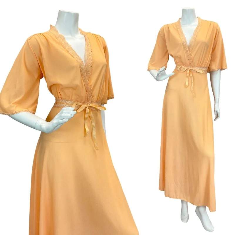 VTG 70S PEACH ORANGE APRICOT LACE GLAM ROMANTIC WRAP MAXI DRESS 12 14 Elegant Maxi Dress with Lace VTG 70S PEACH ORANGE APRICOT LACE GLAM ROMANTIC WRAP MAXI DRESS 12 14 Elegant Maxi Dress with Lace