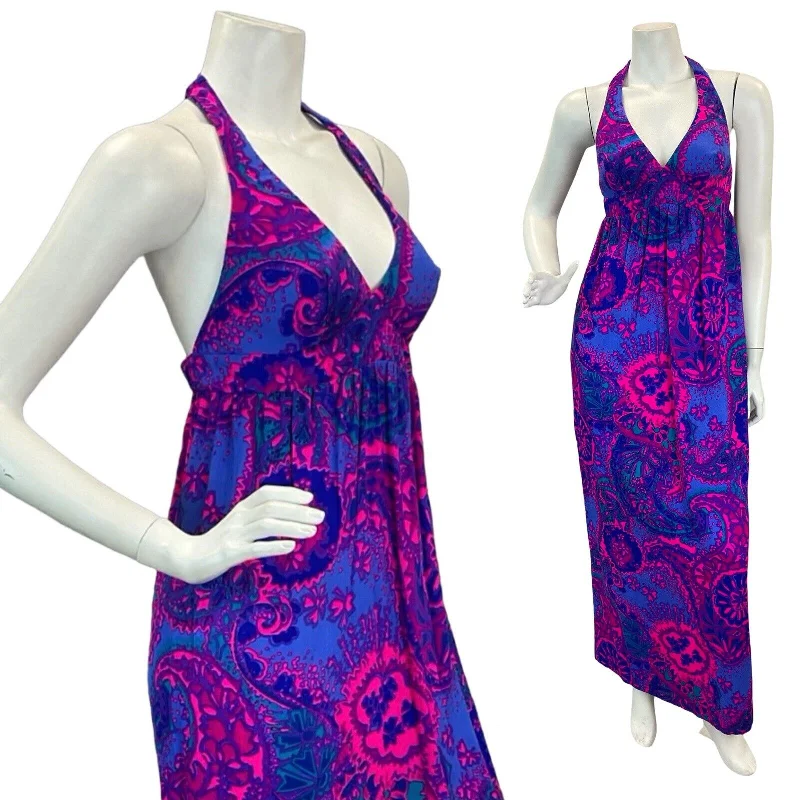 VTG 70s PINK PURPLE TRIPPY PAISLEY PSYCHEDELIC PATTERN BACKLESS MAXI DRESS 4 6 Trendy Printed Maxi Dress