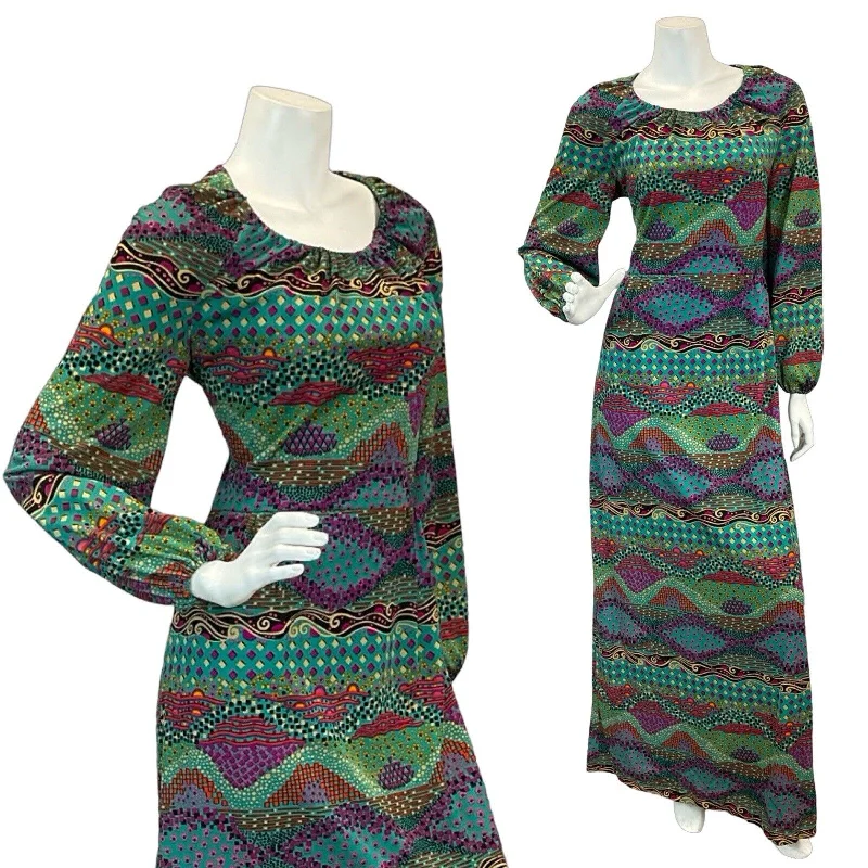 VTG 70S PSYCHEDELIC BLUE GREEN PURPLE PATTERN MAXI DRESS 10 12 Fashionable Open-Back Maxi Dress VTG 70S PSYCHEDELIC BLUE GREEN PURPLE PATTERN MAXI DRESS 10 12 Fashionable Open-Back Maxi Dress