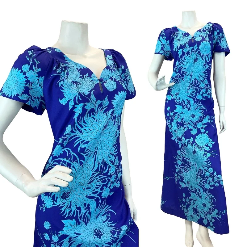 VTG 70S STYLE HAWAIIAN MUUMUU FLORAL BLUE MAXI DRESS 10 12 14 16 Stylish Empire Waist Maxi Dress VTG 70S STYLE HAWAIIAN MUUMUU FLORAL BLUE MAXI DRESS 10 12 14 16 Stylish Empire Waist Maxi Dress