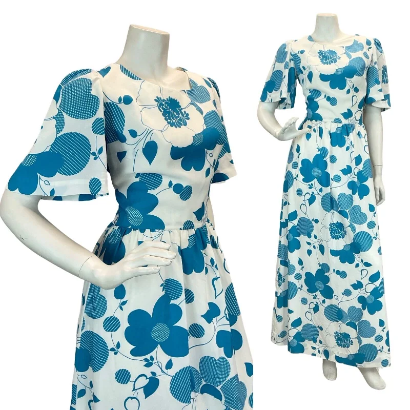 VTG 70S SUMMER BLUE WHITE FLORAL WEDDING PARTY MAXI DRESS 10 Classic Black Maxi Dress