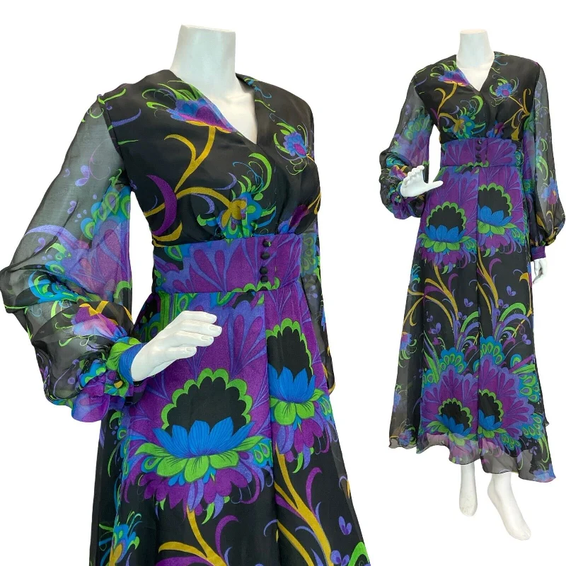 VTG 70S WEDDING PSYCHEDELIC FLORAL PURPLE GREEN BLACK BLUE MAXI DRESS 10 12 Chic Sleeveless Maxi Dress VTG 70S WEDDING PSYCHEDELIC FLORAL PURPLE GREEN BLACK BLUE MAXI DRESS 10 12 Chic Sleeveless Maxi Dress