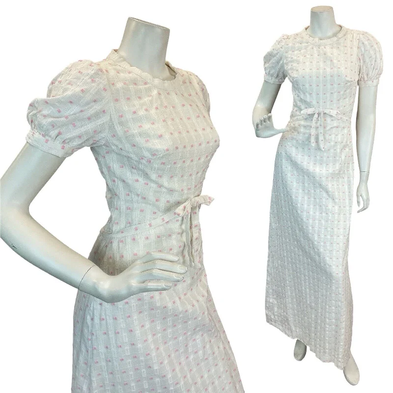VTG 70S WHITE PINK COTTAGECORE PROM WEDDING MAXI DRESS 6 8 Cozy Open-Back Maxi Dress VTG 70S WHITE PINK COTTAGECORE PROM WEDDING MAXI DRESS 6 8 Cozy Open-Back Maxi Dress