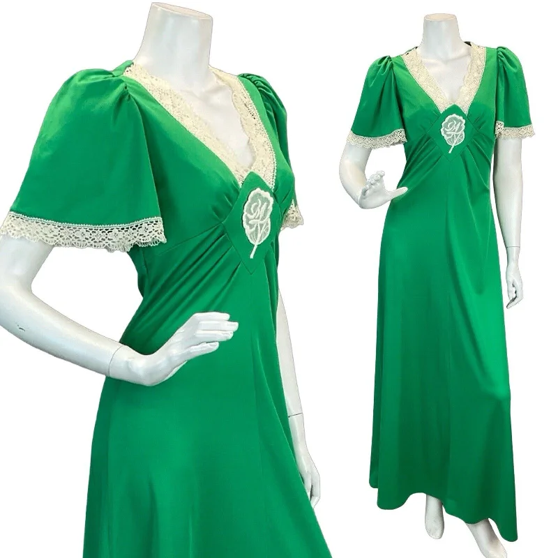 VTG BRIGHT GREEN CREAM LACE BUTTERFLY SLEEVE EMBROIDERED BOHO MAXI DRESS 6 8 Comfortable Bohemian Maxi Dress
