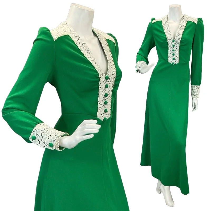 VTG BRIGHT GREEN CREAM LACE INSERT V-NECK MAXI DRESS 12 14 Trendy Off-Shoulder Ruffle Maxi Dress VTG BRIGHT GREEN CREAM LACE INSERT V-NECK MAXI DRESS 12 14 Trendy Off-Shoulder Ruffle Maxi Dress