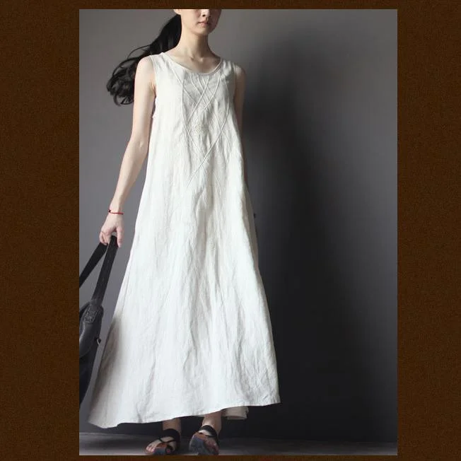 White linen sundress A line maxi dresses summer linen clothing Fashionable Sleeveless Maxi Dress White linen sundress A line maxi dresses summer linen clothing Fashionable Sleeveless Maxi Dress