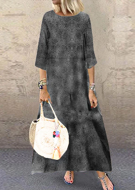 Women Black O-Neck Plaid Maxi Dresses Half Sleeve Elegant Maxi Dress with Drapes