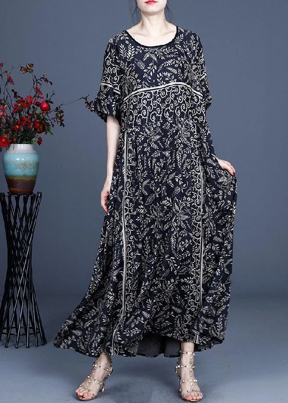 Women Black O-Neck Vintage Summer Silk Blended Maxi Dresses Cozy Maxi Dress with Slit Women Black O-Neck Vintage Summer Silk Blended Maxi Dresses Cozy Maxi Dress with Slit