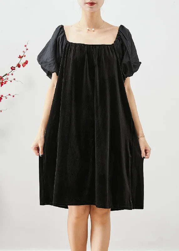 Women Black Square Collar Patchwork Silk Velour Maxi Dresses Summer Elegant Maxi Dress with Slit