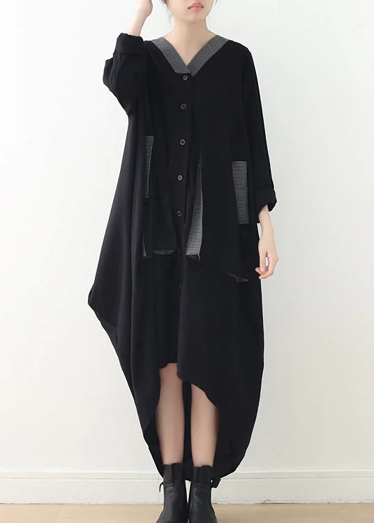 Women Black V Neck Asymmetrical Low High Design Button Maxi Dress Fall Stylish V-Neck Maxi Dress Women Black V Neck Asymmetrical Low High Design Button Maxi Dress Fall Stylish V-Neck Maxi Dress