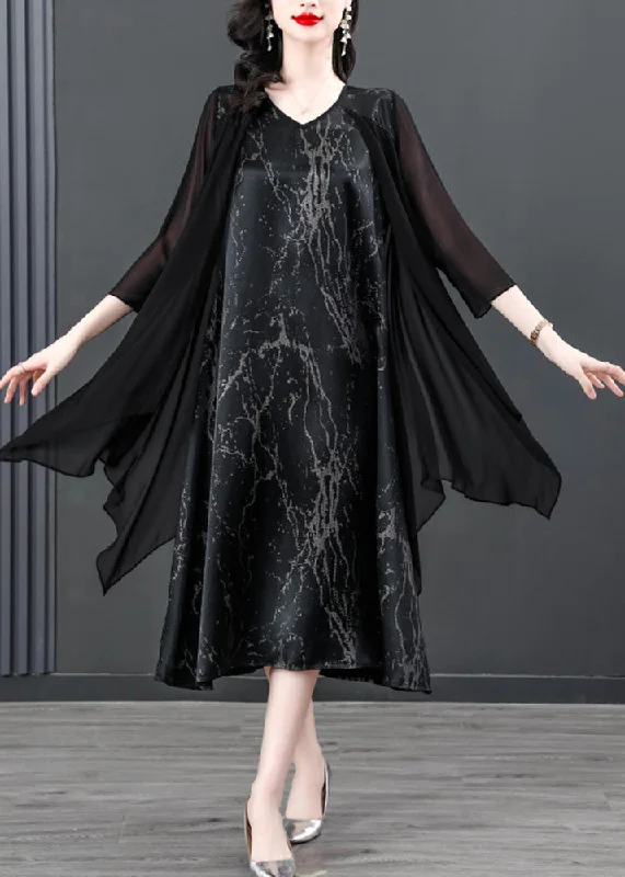 Women Black V Neck Print Patchwork Fake Two Pieces Satin Maxi Dress Summer Cozy Longline Maxi Dress Women Black V Neck Print Patchwork Fake Two Pieces Satin Maxi Dress Summer Cozy Longline Maxi Dress