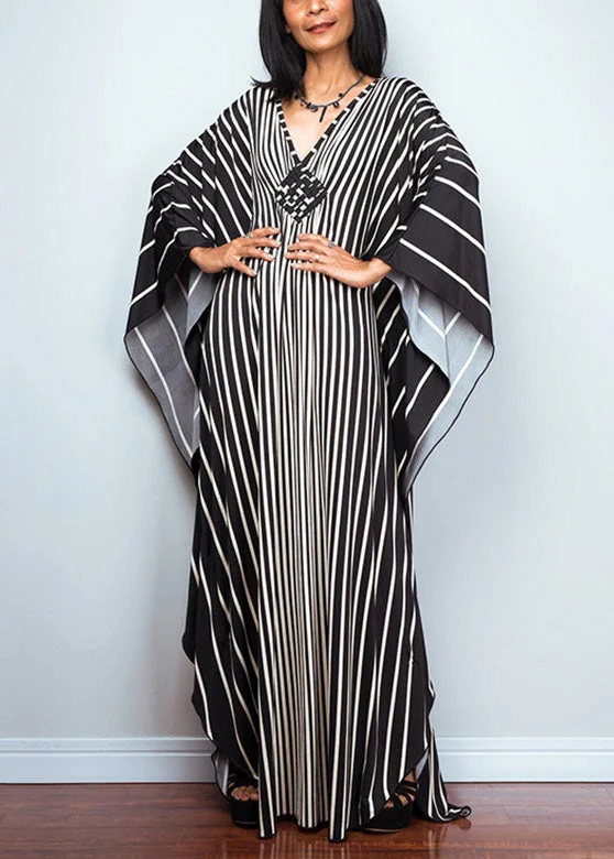 Women Black White Striped V Neck Beach Maxi Dresses Long Sleeve Cozy Cold-Shoulder Maxi Dress Women Black White Striped V Neck Beach Maxi Dresses Long Sleeve Cozy Cold-Shoulder Maxi Dress