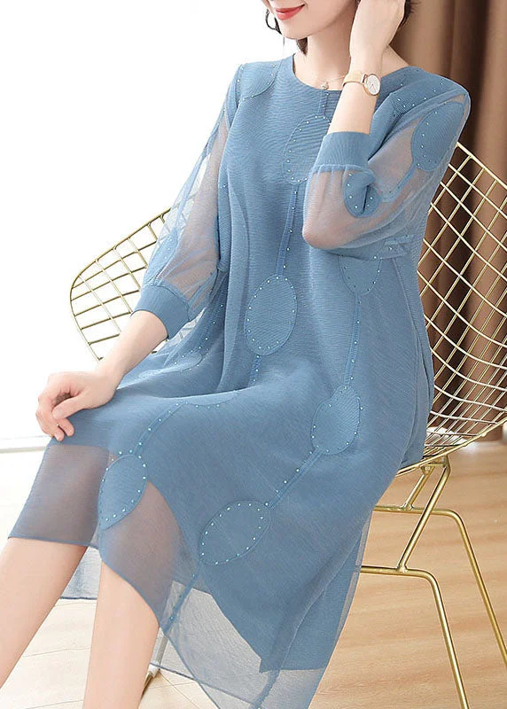 Women Blue Dot Embroideried Tulle Holiday Maxi Dress Fall Trendy Printed Maxi Dress