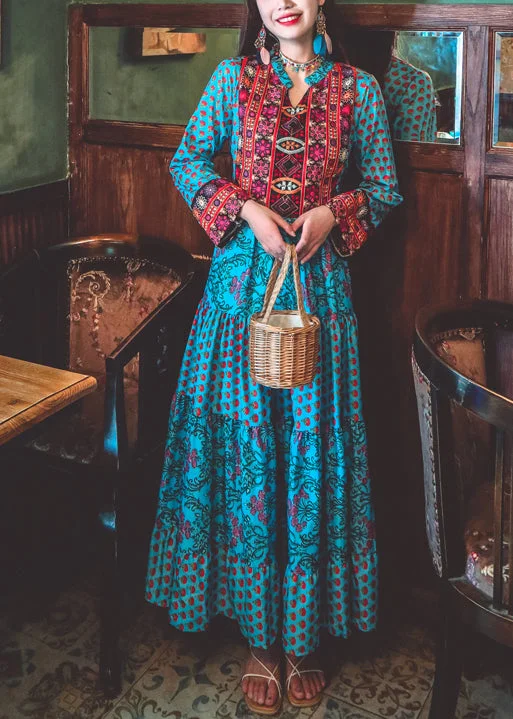 Women Blue V Neck Embroideried Exra Large Hem Cotton Maxi Dresses Long Sleeve Fashionable Chiffon Tiered Maxi Dress Women Blue V Neck Embroideried Exra Large Hem Cotton Maxi Dresses Long Sleeve Fashionable Chiffon Tiered Maxi Dress