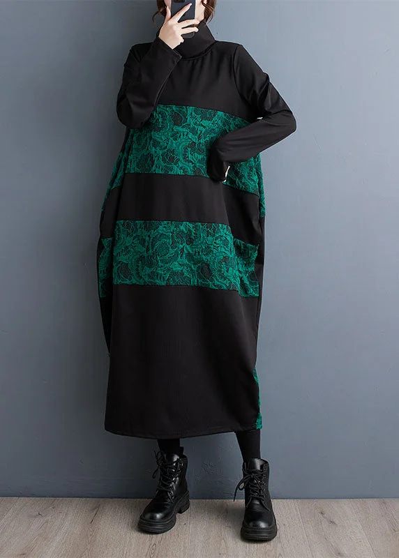 Women Green Turtleneck Patchwork Print Pockets Maxi Dresses Fall Elegant Maxi Dress with Ruffles Women Green Turtleneck Patchwork Print Pockets Maxi Dresses Fall Elegant Maxi Dress with Ruffles