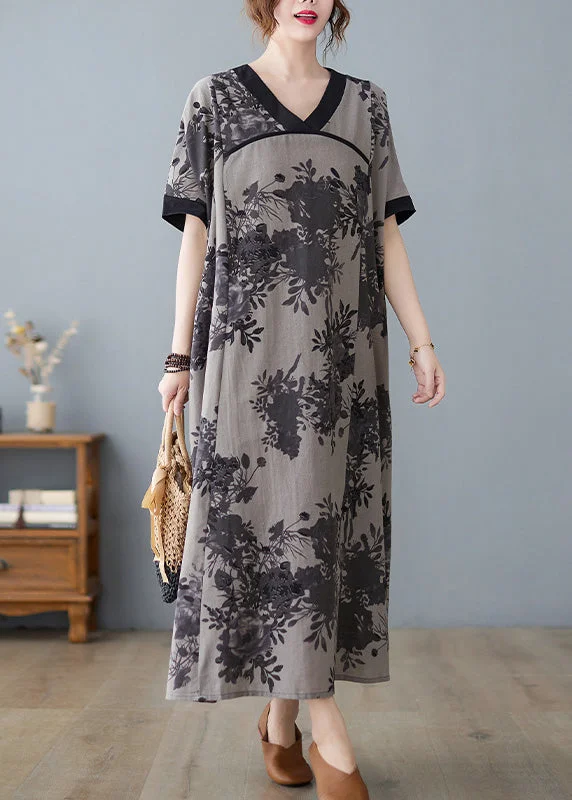 Women Grey Print Patchwork Maxi Dresses Short Sleeve Trendy Short Sleeve Maxi Dress