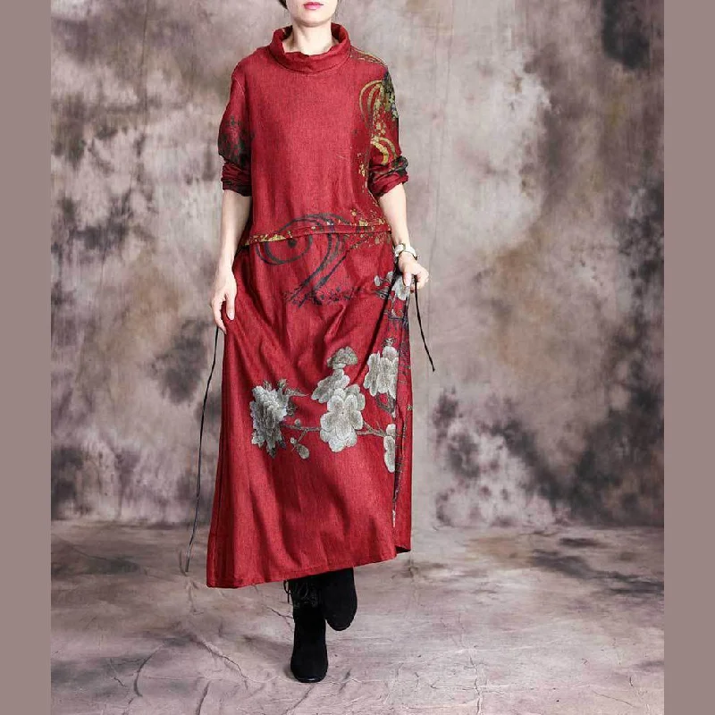 Women high neck patchwork fall Tunics Sewing red print Maxi Dress Comfortable Long-Sleeve Maxi Dress Women high neck patchwork fall Tunics Sewing red print Maxi Dress Comfortable Long-Sleeve Maxi Dress